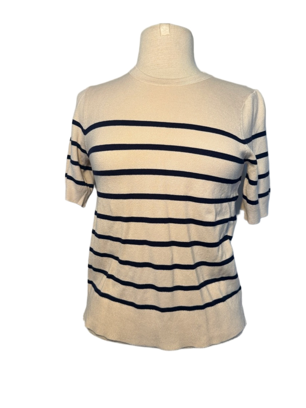 NWT Baltic Born Cream Navy Striped Knit Top Womenโs Short Sleeve Sweater Size L